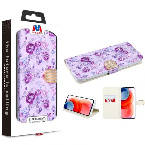Motorola Moto G Play 2021 Wallet, MyBat MyJacket Wallet Diamond Series Fresh Purple Flowers
