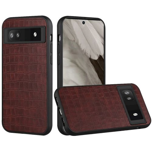 Google Pixel 7A Hard PU Leather Croc Design Hybrid Case Cover - Brown