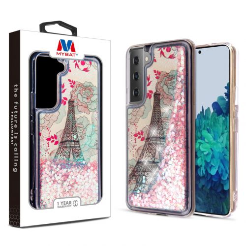 Samsung Galaxy S22 Plus - MyBat Quicksand Glitter Hybrid Case Cover   Eiffel Tower & Pink Hearts