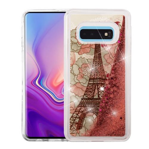 Samsung Galaxy s10e Case, Eiffel Tower & Rose Gold Stars Quicksand Glitter Hybrid Case Cover