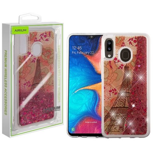 Samsung Galaxy A20 Case, Eiffel Tower & Rose Gold Stars Quicksand Glitter Hybrid Case Cover