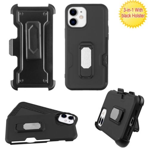 Apple iPhone 12 Mini 5.4 Case, Asmyna Grip Stand Protector Case Combo (with Black Holster)(with Card Wallet) Black