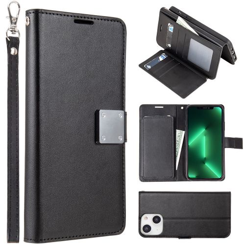 Apple iPhone 15 Plus - DESIGNX SERIES LEATHER WALLET PHONE CASE WITH 6 CARD SLOTS, CASH SLOT AND LANYARD - BLACK