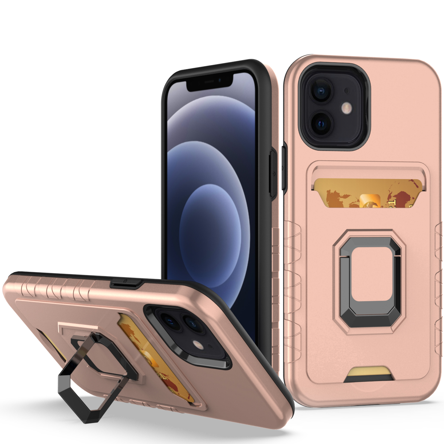 Apple iPhone SE 2020 - Card Holder with Magnetic Ring Stand Hybrid Cover Rose Gold :: CellPhoneCases.com