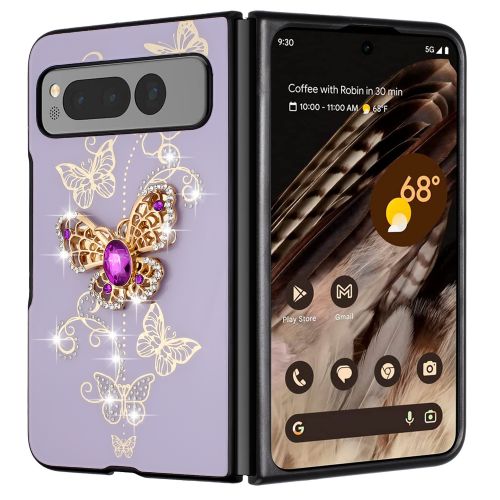 Google Pixel Fold SPLENDID Diamond Glitter Ornaments Engraving Case Cover - Garden Butterflies Purple