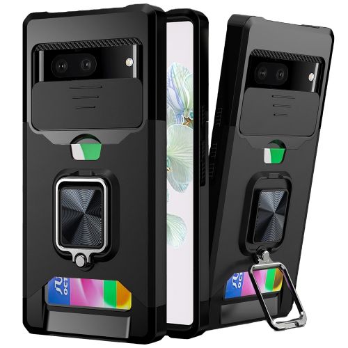 Google Pixel 7 Multi-Functional Card Magnetic Ring Stand Hybrid Camera Case Cover - Black