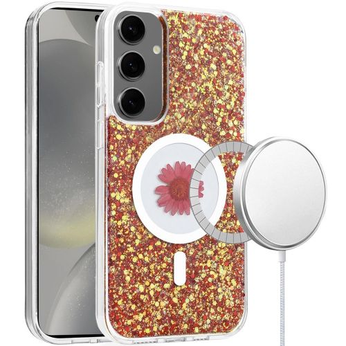 Samsung Galaxy s24 Ultra Magnetic Ring Circle Real Flower Epoxy Glitter Hybrid Case Cover - Red