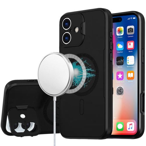 Apple iPhone 16 6.1 inch Magnetic Ring Circle Camera Cap KickStand Hybrid UV Paint Matte Finish Case - Black