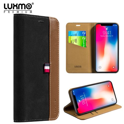 Apple iPhone X Wallet, The Yacht Series Premium Two Tone Suede Real Leather Wallet Case Black
