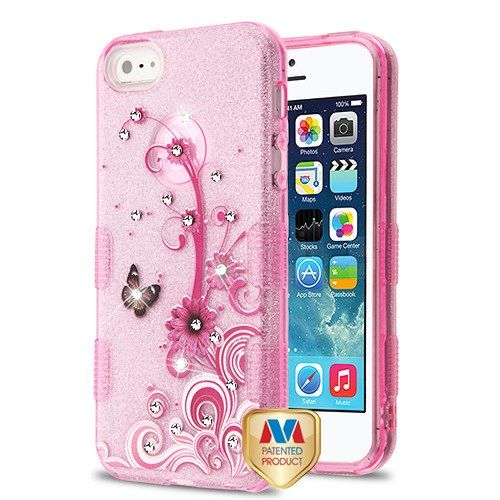 Apple iPhone 5S Case, Butterfly Flowers (Pink) Diamante Full Glitter TUFF Hybrid Case Cover