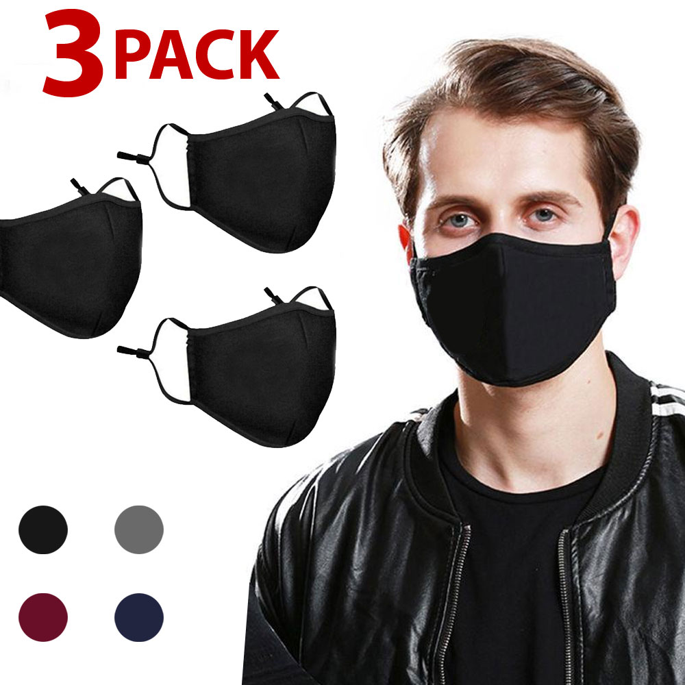 thumbnail 1 - 3 PCS Washable Face Mask Black Reusable Breathable Unisex Double Layer Cotton