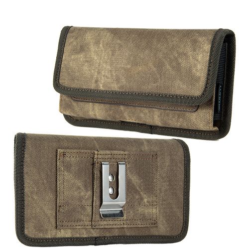 Universal Fabric Horizontal Pouch With Dual Credit Card Slots - Light Brown Denim Fabric