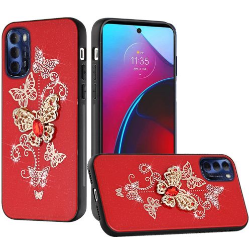 Motorola Moto G Stylus 2022 SPLENDID Diamond Glitter Ornaments Engraving Case Cover - Garden Butterflies Red