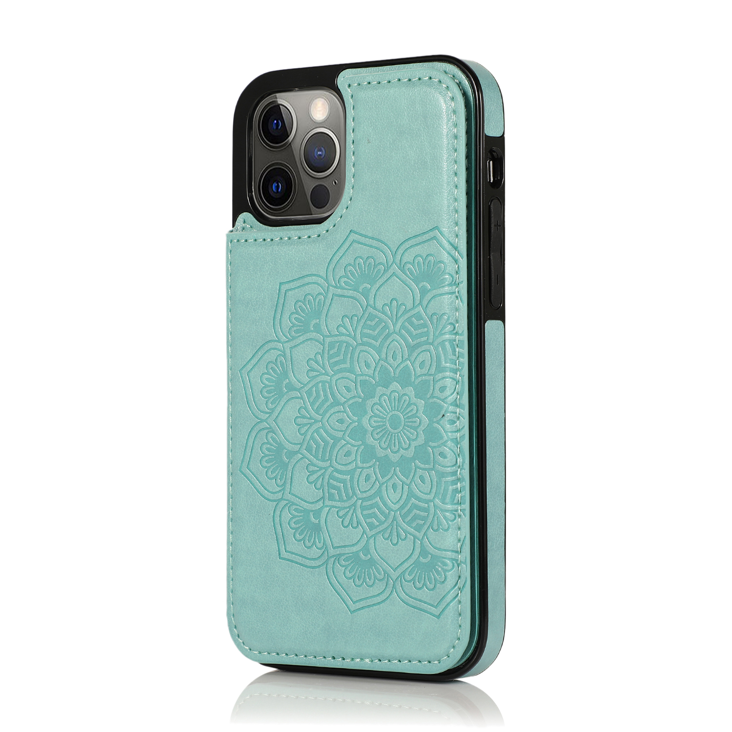 Apple iPhone XR Case, Luxury Side Magnetic Button Card ID Holder PU Leather  Case Cover Teal Mandala Flower 