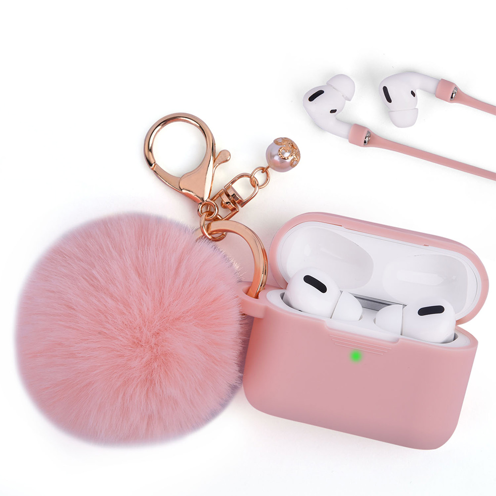Apple Airpods PRO Case, Furbulous Collection 3-in-1 Thick Silicone Tpu Case  With Fur Ball Ornament Key Chain And Strap And Peach Pink 