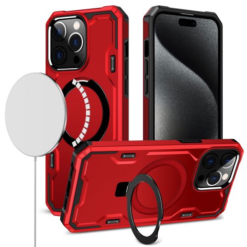 Apple iPhone 15 Pro Max Magnetic Ring Stand Simplistic Tough Hybrid Case Cover - Red