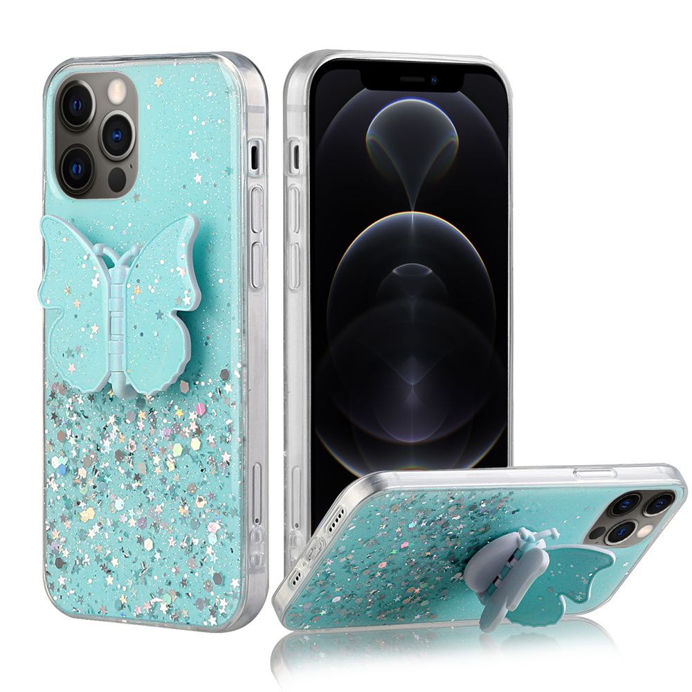 Apple Iphone 12 Pro Max 6 7 Case Cute Butterfly Stand Glitter Epoxy Hybrid Teal Cellphonecases Com