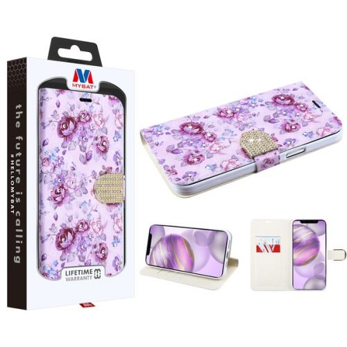 Apple iPhone 12 Pro Max 6.7 Wallet, MyBat MyJacket Wallet Case Diamond Series Fresh Purple Flowers