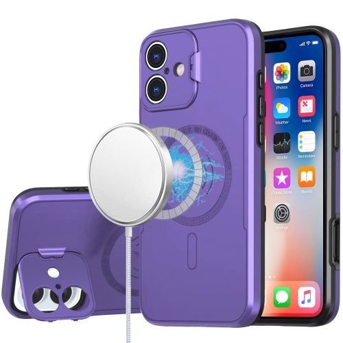 Apple iPhone 16 6.1 inch Magnetic Ring Circle Camera Cap KickStand Hybrid UV Paint Matte Finish Case - Purple