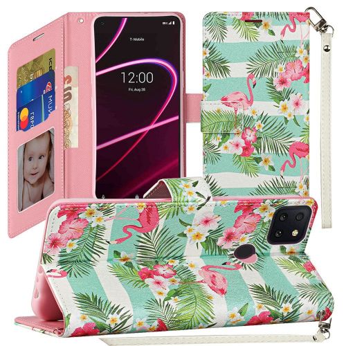 T-Mobile Revvl 5G Wallet, Fashion Wristlet Wallet Case with Strap Flamingo