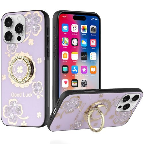 Apple iPhone 16 Pro 6.3 inch SPLENDID Diamond Glitter Ornaments Engraving Case Cover - Good Luck Floral Purple