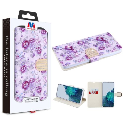 Samsung Galaxy S21 Plus Wallet, MyBat MyJacket Wallet Diamond Series Fresh Purple Flowers