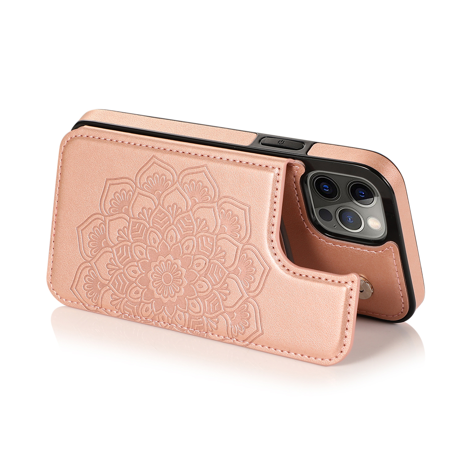 for Apple iPhone XR Luxury Side Magnetic Button Card ID Holder PU Leather Case Cover - Rose Gold Butterfly Swirl