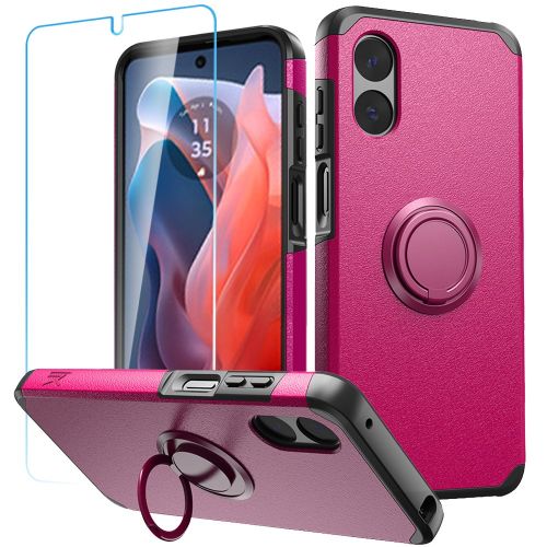 Motorola Moto G Play 2024 Tough Hybrid With Ring Stand + Tempered Glass - Hot Pink