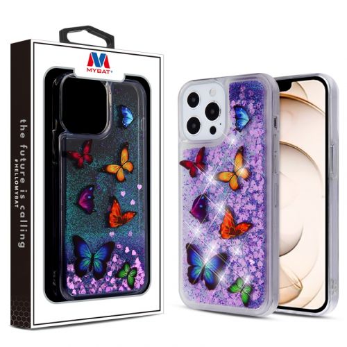 Apple iPhone 13 Pro 6.1 Case, MyBat Glitter Hybrid Case Cover Butterfly Dancing & Purple Quicksand (Hearts)