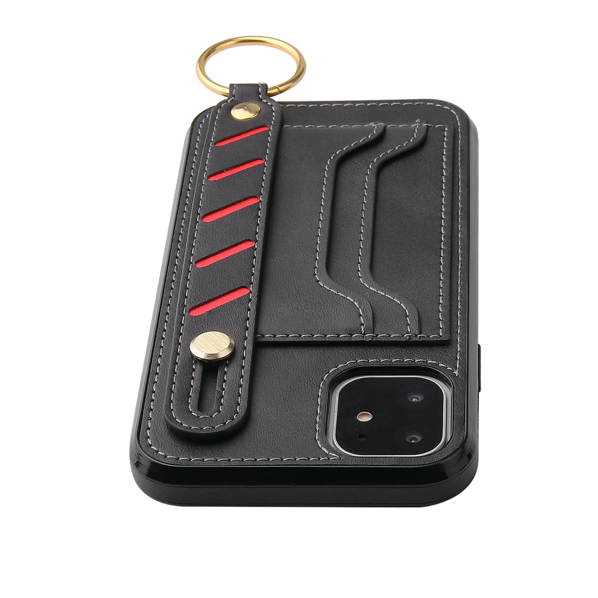 HR Wireless for Apple iPhone 14 Pro 6.1 Multi-functional Cards Slot Wrist Strap Vegan Leather Case Cover - Black