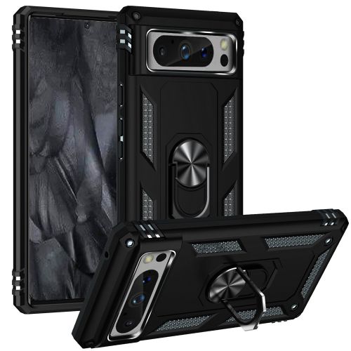 Google Pixel 8 Pro 5G Ring Magnetic Kickstand Hybrid Case Cover - Black