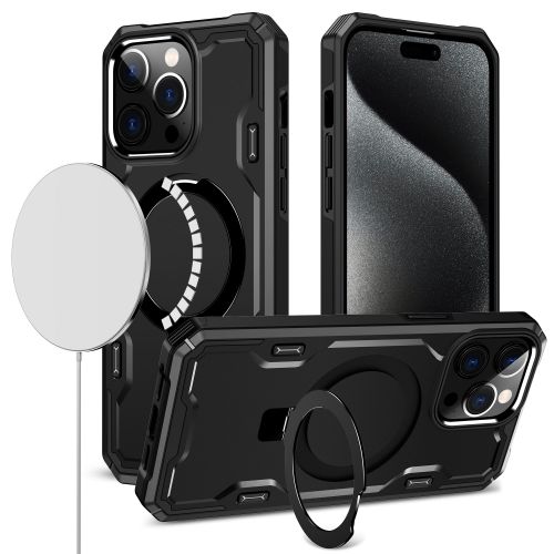 Apple iPhone 15 Pro Max Magnetic Ring Stand Simplistic Tough Hybrid Case Cover - Black