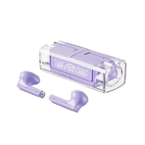 Universal Modern Brick Premium Tws (True Wireless Stereo) Type-C Bluetooth Headsets 6 Hours Long Wearing With Stylish Clear Charging Box - Lavender Purple