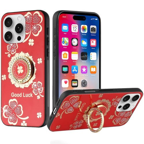 Apple iPhone 16 Pro 6.3 inch SPLENDID Diamond Glitter Ornaments Engraving Case Cover - Good Luck Floral Red