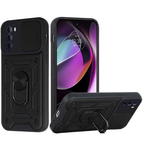 Motorola Moto G 5G 2022 ELITE Camera Push Magnetic Ring Stand Hybrid Case Cover - Black