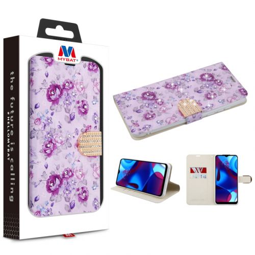 Motorola Moto G Pure 2022 - Power MyBat MyJacket Wallet Diamond Series - Fresh Purple Flowers