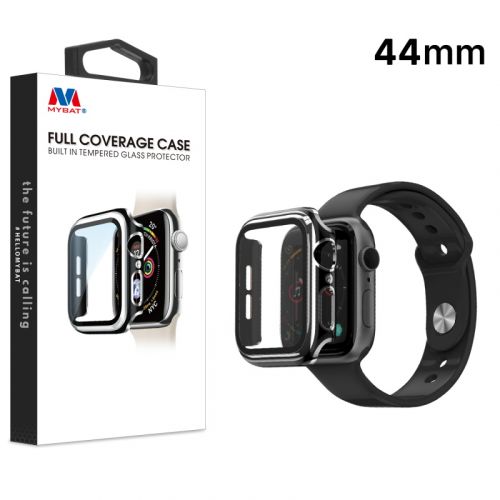 Apple Watch 44mm Case, MyBat Fusion Protector Case (with Tempered Glass Screen Protector) Black / Electroplated Silver