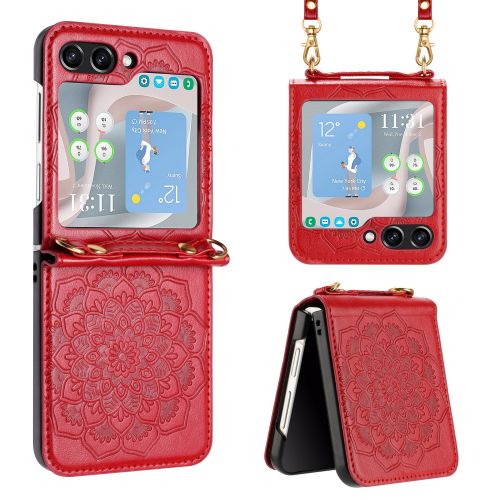 Samsung Galaxy Z Flip 5 Embossed Floral Design Case Cover with Strap - Red