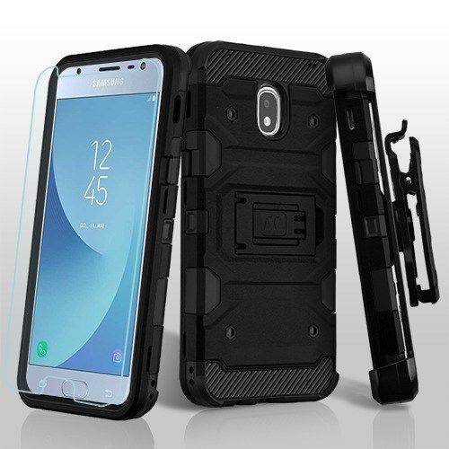Samsung Galaxy J3 Achieve Case, Black/Black 3-in-1 Storm Tank Hybrid Case Cover Combo With Holster (Tempered Glass Screen Protector)