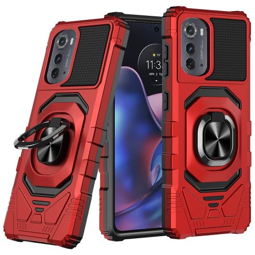 Motorola Moto Edge (2022) Robotic Hybrid with Magnetic Ring Stand Case Cover - Red