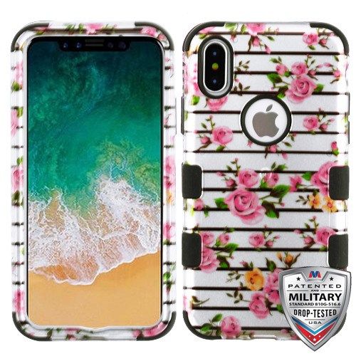 Apple iPhone X Case, Pink Fresh Roses (2D Silver)/Black TUFF Hybrid Phone Case Cover