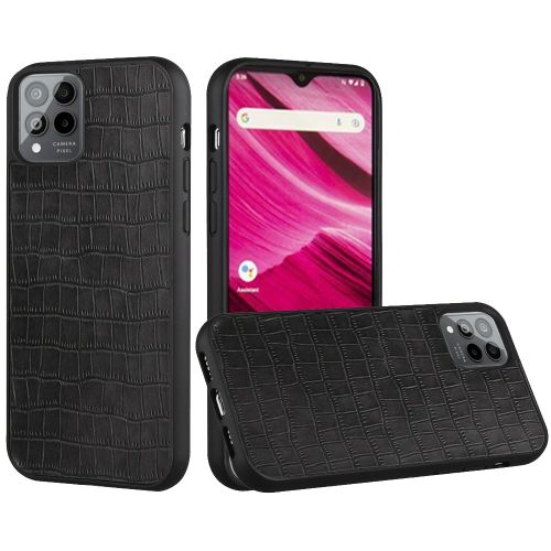 T-Mobile Revvl 6 Pro 5G Hard PU Leather Croc Design Hybrid Case Cover - Black