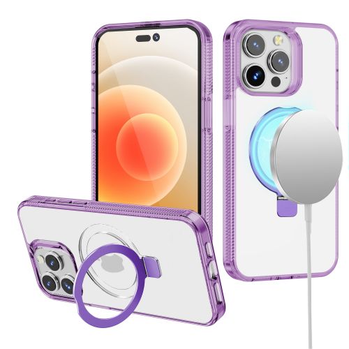 Apple iPhone 12 - Dotted Edged Line Transparent HQ Magnetic Ring Stand Hybrid - Light Purple