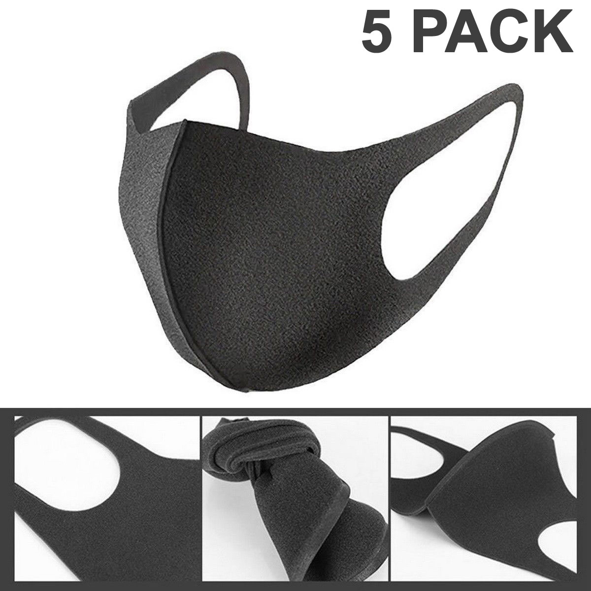5 Pcs Face Mask Black Washable Reusable Breathable Unisex Masks Cotton 0281