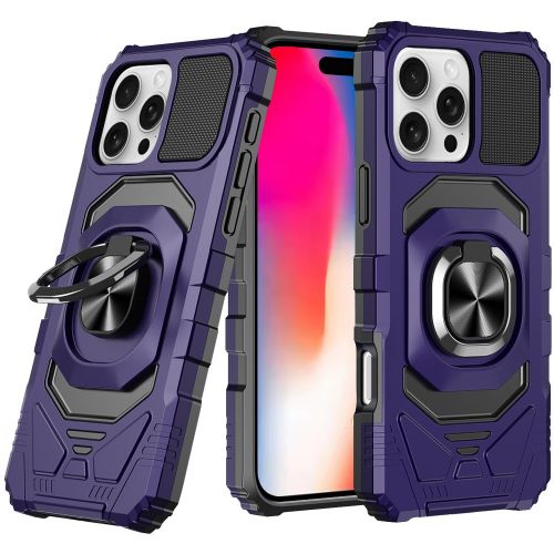 Apple iPhone 16 Pro 6.3 inch Robotic Hybrid with Magnetic Ring Stand Case Cover - Dark Purple