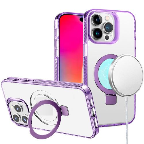 Apple iPhone 16 Pro 6.3 inch Dotted Edged Line Transparent HQ Magnetic Ring Stand Hybrid - Light Purple