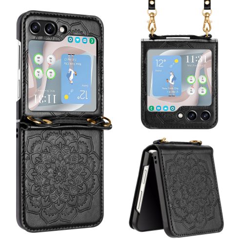 Samsung Galaxy Z Flip 5 Embossed Floral Design Case Cover with Strap - Black