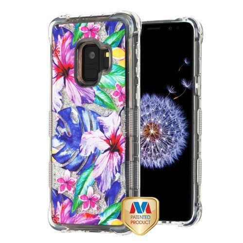 Samsung Galaxy S9 Case, Watercolor Hibiscus/Silver TUFF Quicksand Glitter Lite Hybrid Case Cover Cover