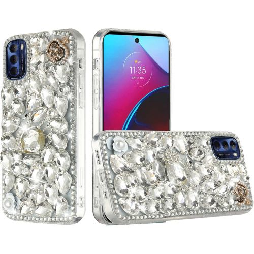 Motorola G STYLUS (2022) LTE Full Diamond with Ornaments Hard TPU Case Cover - Silver Swan Crown Pearl