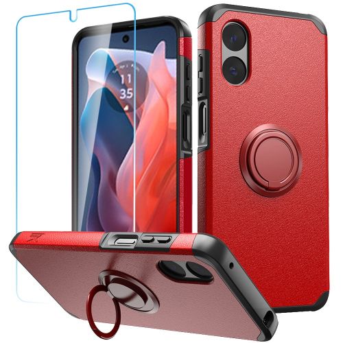 Motorola Moto G Play 2024 Tough Hybrid With Ring Stand + Tempered Glass - Red